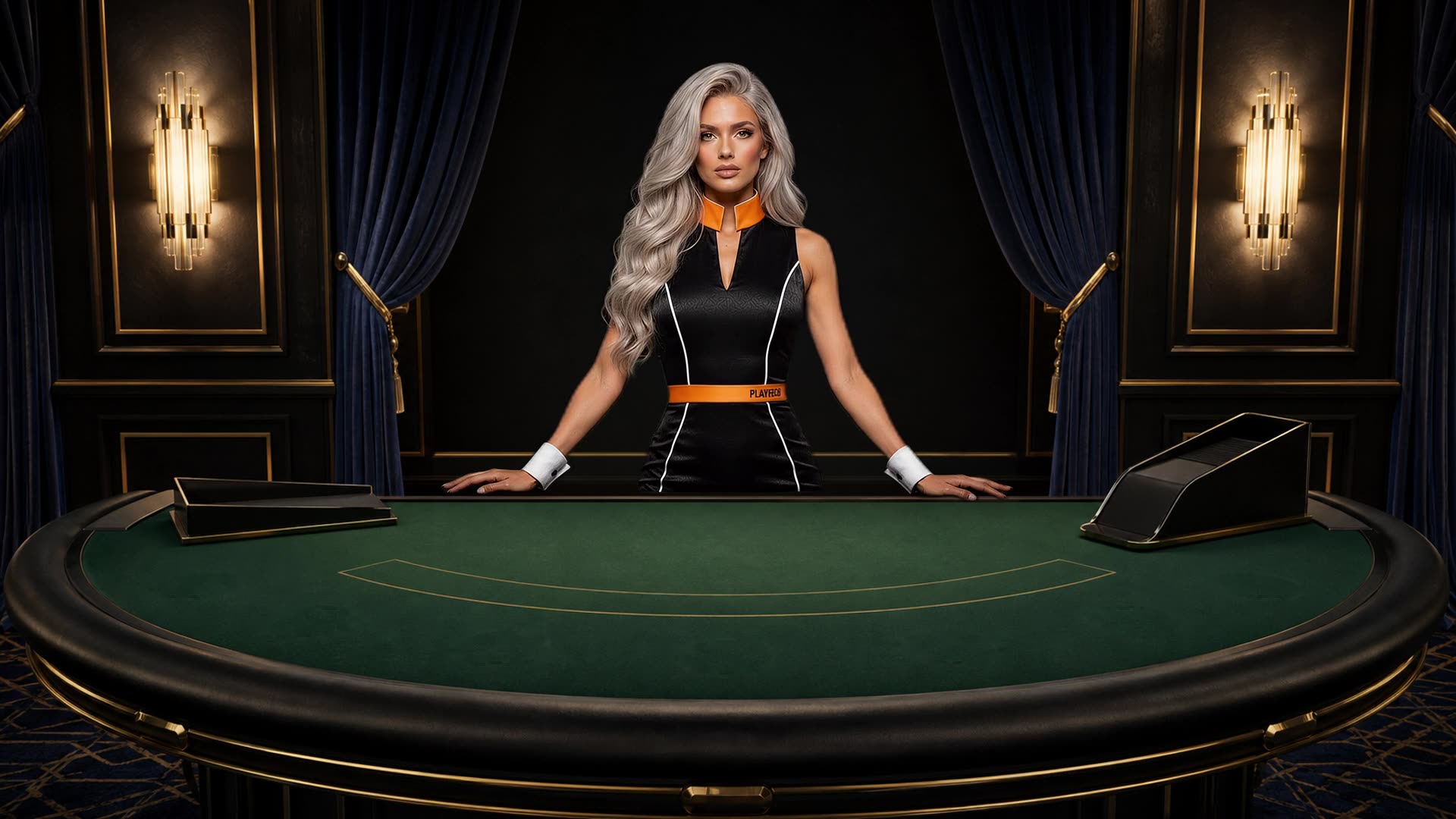 An AI-generated dealer standing at a PlayHub blackjack table
